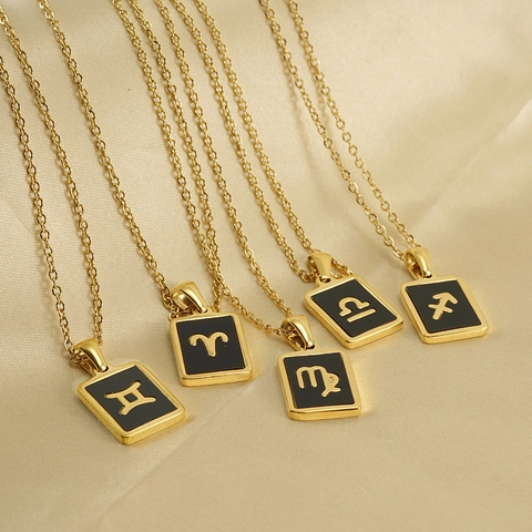 Collier Pendentif Constellation Du Zodiaque Acier Inoxydable Plaqué Or 18K Émail Noir Bijoux Pour Femmes