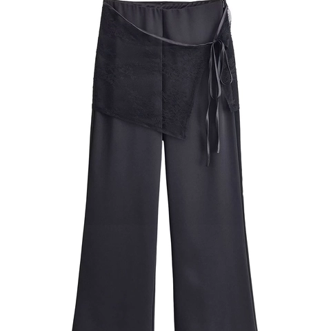 Elegante Weite Hose Für Damen Hohe Taille Schwarz Spitze Wickel Satinband Bindung Gerade Bein Hose Büro Freizeit