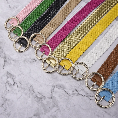 Women Woven PU Leather Belt With Round Gold Metal Buckle Candy Colors Fashion Braided Waist Strap For Dresses Jeans