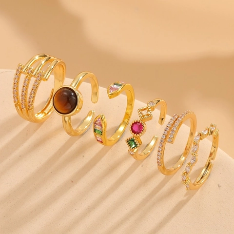 Geometrische Tigerauge Zirkon Ringe 14K Vergoldet Verstellbar Kupfer Modeschmuck Für Damen