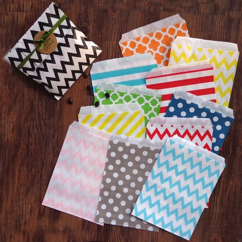 Kraft Paper Gift Bags Mixed Pattern Polka Dot Wave Stripe Candy Cookie Treat Packaging For Birthday Wedding Party Favors