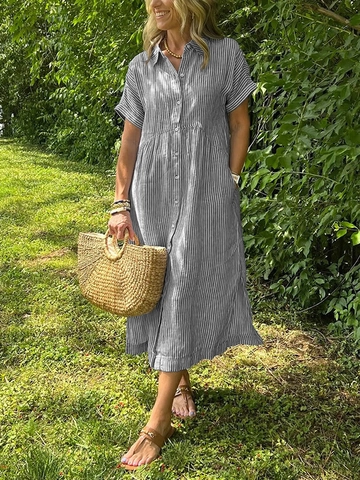Women Striped Short Sleeve Shirt Dress Retro Loose Lapel Button Down Midi Polyester Summer Beach Dress