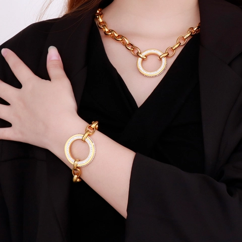 Stainless Steel Jewelry Set Rhinestone Hollow Round Pendant Thick O-Chain Necklace Bracelet And Earrings Hip Hop Fashion