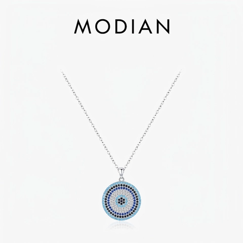 925 Sterling Silver Evil Eye Necklace For Women Round Pave Turquoise Zirconia Pendant Vintage Lucky Jewelry Charm