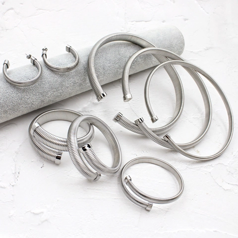 Vintage Stainless Steel Tubogas Choker Necklace And Open Bangle And Hoop Earrings For Women Gold Silver Spiral Jewelry