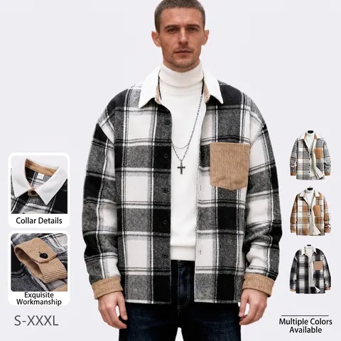 Men Plaid Flannel Shacket Corduroy Patchwork Pocket Long Sleeve Button Down Casual Jacket Outerwear