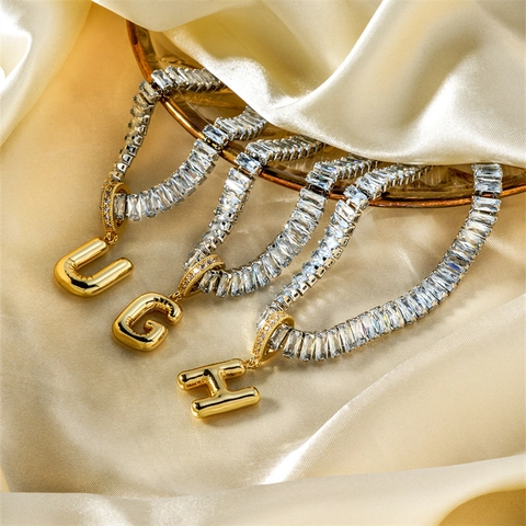 Baguette Zirconia Tennis Chain Balloon Letter Pendant Necklace Gold Plated Copper Alphabet Initial Jewelry For Women Gift