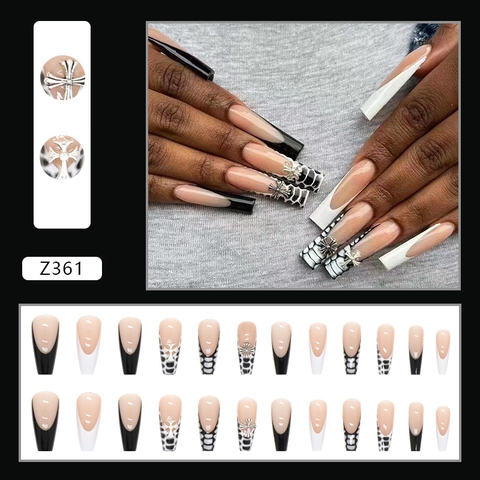 Unghie Finte Bara Lunghe Ballerina Stile Gotico Con Croce In Metallo Argentato 3D E Motivo Serpente French Tip Nero Bianco
