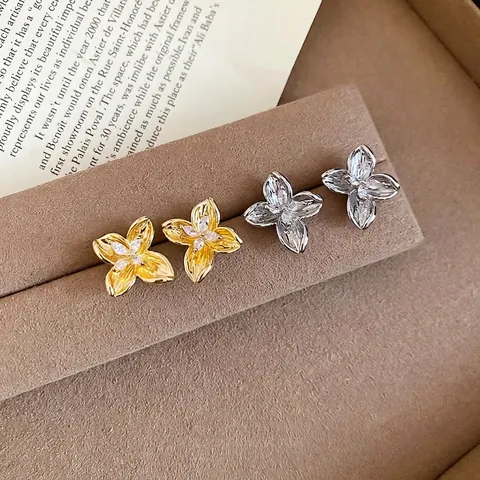 Flower Stud Earrings Copper Zircon Inlaid With Silver Earring Post Elegant Floral Minimalist Luxury For Women