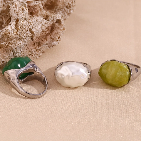 Anillo De Piedra Principal De Acrílico Irregular Para Mujer Acero Inoxidable Textura Martillada Joyería Vintage