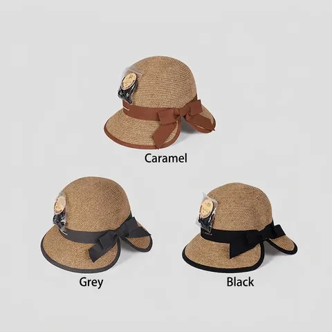 Women Japanese Style Paper Straw Sun Hat UPF 50 UV Protection Foldable Elegant Bow Bucket Hat Summer Beach Vacation