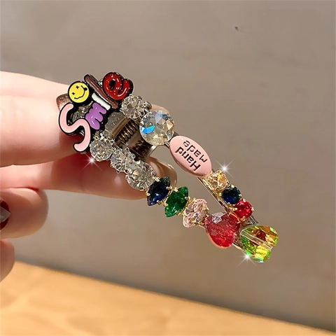 Kleurrijke Rijnsteen Haarclip Legering Eendenbek Clip Met Smile Belettering En Hars Accessoires Handgemaakt Voor Dames Zoet
