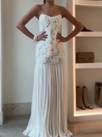 Elegante Ärmellose Maxi Kleid Mit 3D Blumenapplikationen Und Plissiertem Chiffonsaum Für Damen Party Sommer