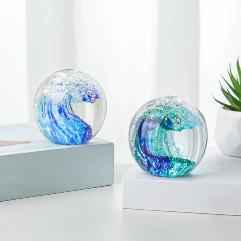 Ornement de Boule de Bulle de Vagues de Mer en Verre de Cristal Décor de Bureau Feng Shui Sphère Presse-papiers Cadeau