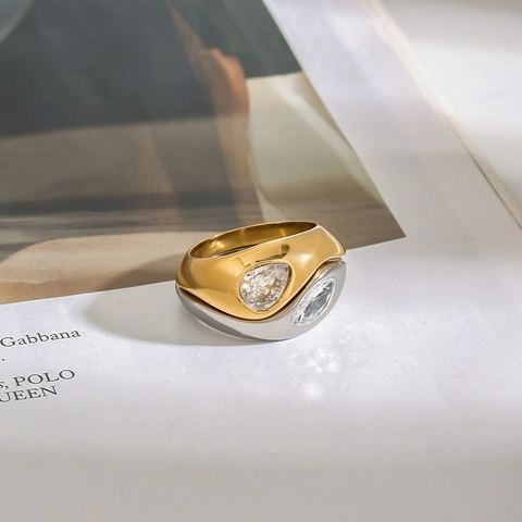 Anello Metalli Misti Fluido Irregolare Acciaio Inossidabile Placcato Oro 18K Zircone Goccia Gioielli Spessi Impermeabili