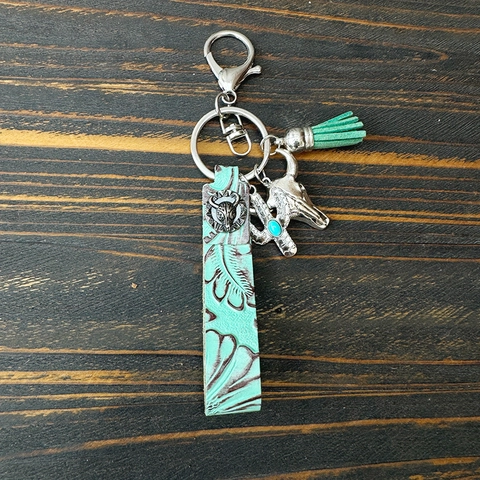 Western Cowboy Leather Keychain Embossed Cowhide With Alloy Charms Turquoise Pendant Fiber Tassels Retro Bohemian