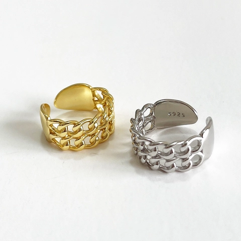 Double Chain Linked Ring 925 Sterling Silver Open Adjustable Minimalist French Style Finger Jewelry For Women Gold Silver
