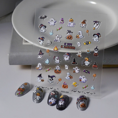 Adesivi Unghie Halloween 5D Rilievo Fantasma Zucca Autoadesivi DIY Manicure Decorazione Festa Donna