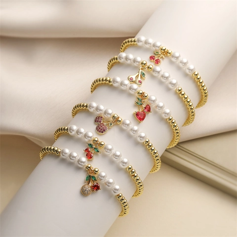 Cherry Pendant Beaded Bracelet Copper Metal Gold Beads White Imitation Artificial Pearl Elastic Stretch Sweet Jewelry For Women