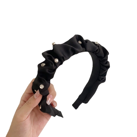 Black Pleated Satin Headband With Rhinestones Wide Ruched Hair Hoop Elegant Retro Hair Accessories For Women Girls