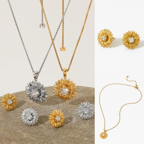 Collana Orecchini Girasole Acciaio Inossidabile Zircone Per Donne Design Floreale Delicato Stile Commute