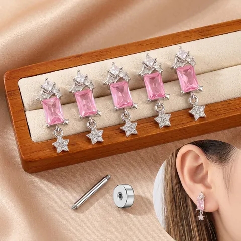 Roze Zirkoon Rechthoekige Oorkraakbeen Stud Roestvrij Staal En Koper Sterrenhanger Piercingsieraden Schroefsluiting