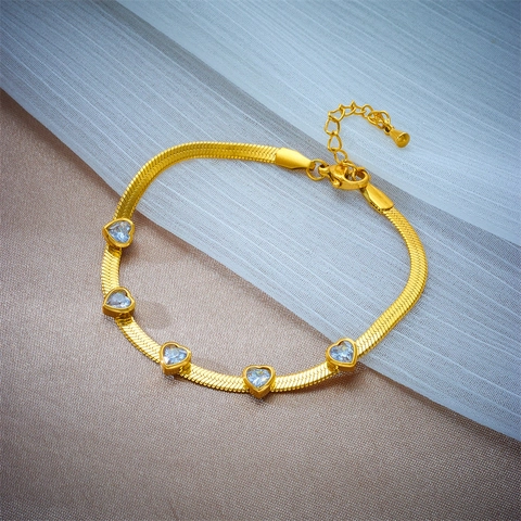 Heart Zircon Jewelry Necklace Bracelet Titanium Steel Snake Bone Chain Gold Plated Elegant Fashion For Women