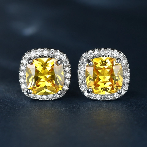 Square Cushion Cut Zircon Halo Stud Earrings For Women Copper Silver Plated Geometric Simple Elegant Fashion Jewelry