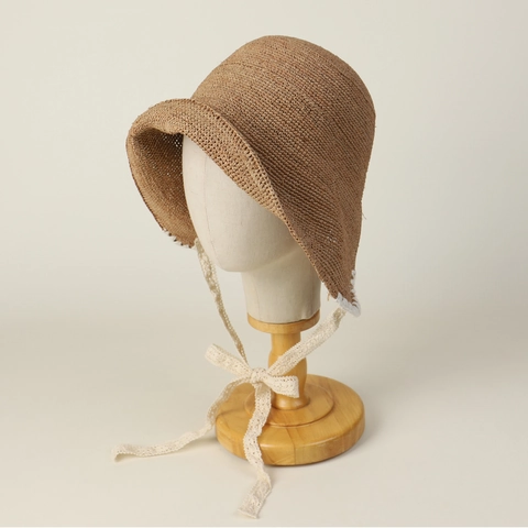 Handmade Raffia Straw Bonnet Hat With White Lace Trim And Ties Vintage Pastoral Style Breathable Sunshade Hat For Women