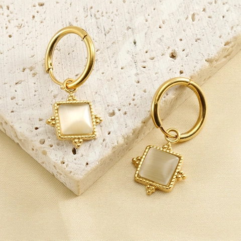 Vierkante Kattenoog Steen Druppeloorbellen Titanium Staal 18K Verguld Vintage Kralenrand Dames Retro Luxe Oorsieraden