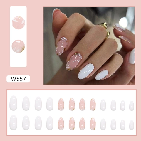 Blumenmuster Press On Nägel Oval Lang Gradient Weiß Rosa Goldfolie Elegante Künstliche Fingernägel Für Damen