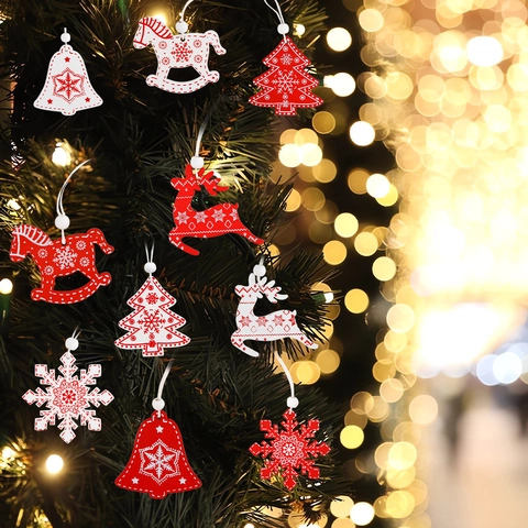 Pendants De Noël En Bois Rouge Blanc Découpe Laser Flocons De Neige Renne Décoration De Fête Festive Arbre Party