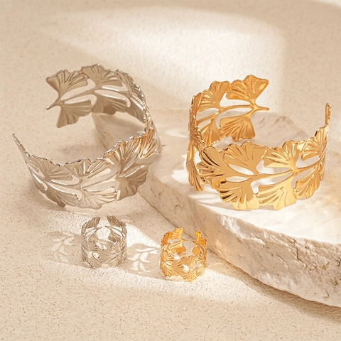 Ginkgo Blad Holle Armband En Ring Metalen Verstelbare Open Bangle Sieraden Vrouwen Mode Retro Elegante Stijl