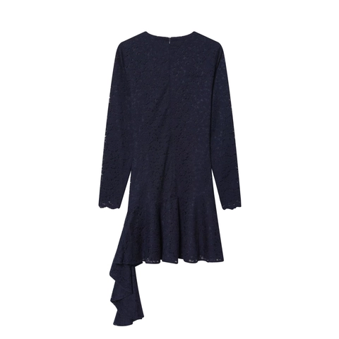 Abito Mini In Pizzo A Maniche Lunghe Con Orlo A Volant Asimmetrico Girocollo Elegante Blu Notte Serata Per Donne