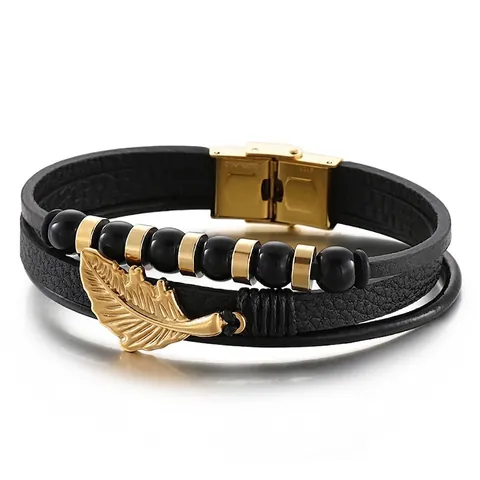 Men Multi-Layer Braided Leather Bracelet With Stainless Steel Buckle Feather Charm Black Beads Punk Retro Fashion