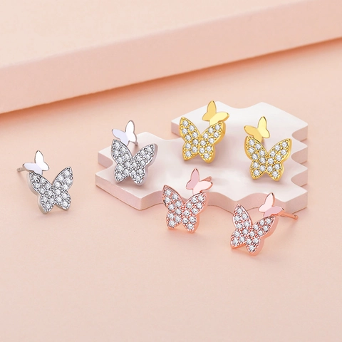 Minimalist Copper Butterfly Stud Earrings For Women Shiny Rhinestone Inlaid Sweet Fresh Animal Earrings Fashion Jewelry