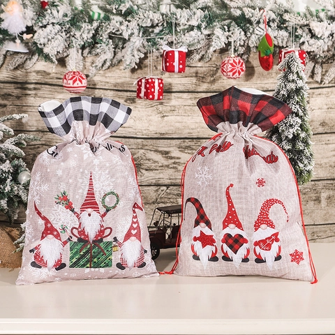 Weihnachtsgeschenktüten Aus Leinenimitat Mit Kordelzug Karo Gnom Muster Merry Christmas Feiertagsparty Süßigkeitenbeutel