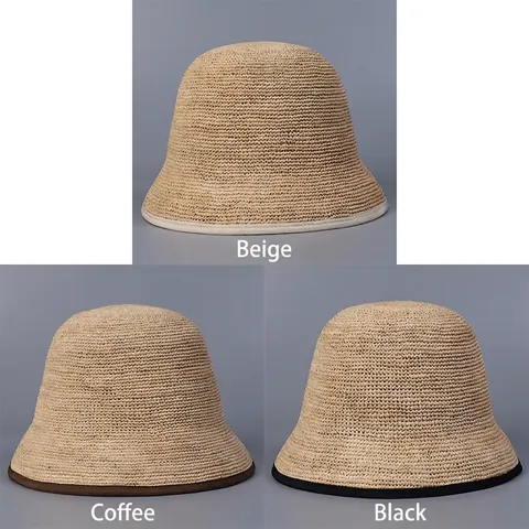 Women Raffia Straw Bucket Hat Foldable Summer Sun Hat Breathable Hand Crochet Cloche Vacation Casual Simple