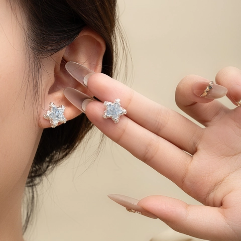 Stern Ohrstecker Zinklegierung Mit Hellblauem Kristall Silber Ohrringstift Koreanischer Stil Zierlicher Schmuck Für Damen