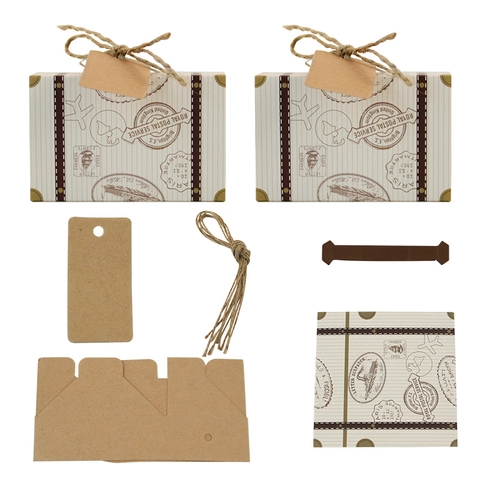 Vintage Suitcase Shape Candy Box Paper Gift Packaging With Jute Rope And Tag Travel Theme Party Favors Wedding Decoration