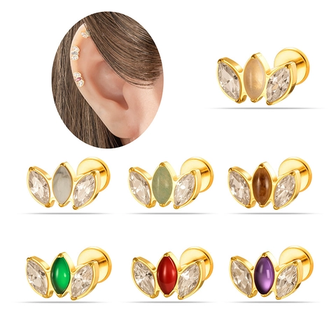 Titanium Labret Piercing Mit Innengewinde Marquise Zirkon Blatt Schmuck Flache Rückseite Knorpel