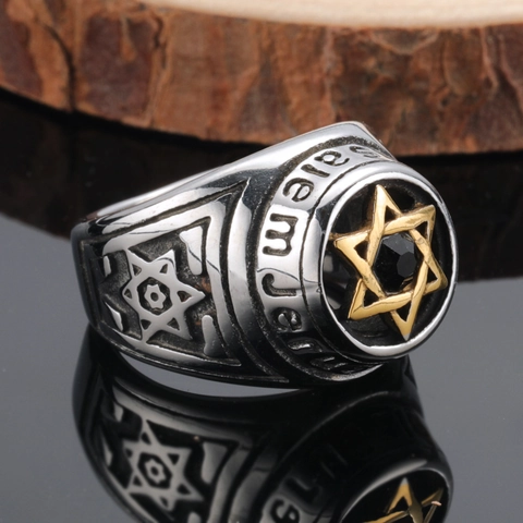 Star Of David Herren Ring Titan Edelstahl Schwarzer Strass Jerusalem Gravur Punk Hip Hop Religiöser Schmuck
