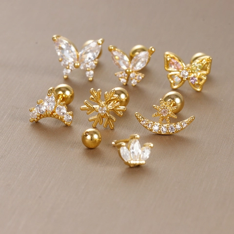 Zirconia Butterfly Crown Snowflake Helix Cartilage Stud Earrings Stainless Steel Post Gold Plated Screw Ball Back