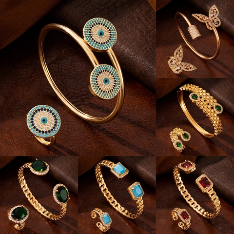 Adjustable Bracelet And Ring Copper Gold Plated Zircon Evil Eye Butterfly Palace Style For Women Wedding Party Luxury