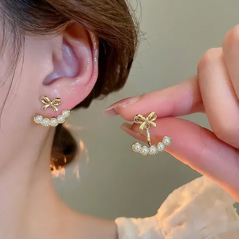 Orecchini A Lobo Con Fiocco E Künstliche Perle Con Perno In Argento Placcato Oro 18K Künstliche Perle Di Imitazione A Ventaglio Gioielli Eleganti Retro Per Donna