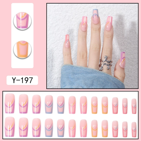 Uñas Postizas Press On Francesas Líneas Onduladas Arcoíris Geométricas Brillantes Rosa Nude Cuadradas Largas Trapecio Uñas Artificiales
