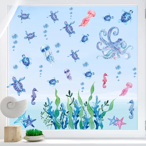 Stickers Muraux Tortue De Mer Poulpe Océan Aquarelle PVC Auto-Adhésif Décoration Salle De Bain Chambre Enfant
