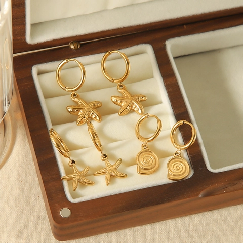 Boucles Oreilles Créoles Océan Étoile Mer Coquillage Acier Inoxydable Plaqué Or 18K Étanche Élégant Bijoux Été