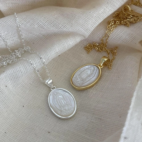Virgin Mary Pendant Necklace 925 Sterling Silver With Mother Of Artificial Pearl Shell Oval Embossed Religious Retro Style Jewelry