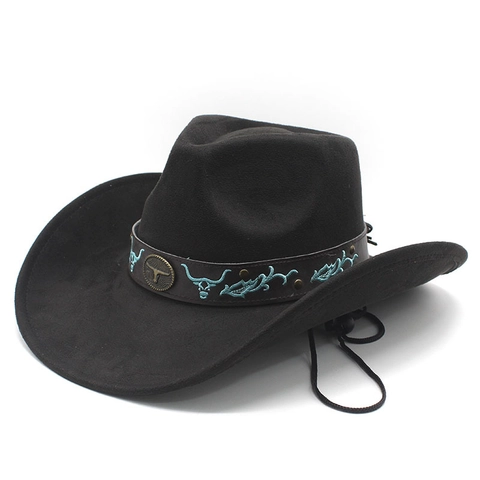 Western Cowboy Hat Faux Suede Wide Brim Bull Head Embroidery Leather Band Windproof Rope Sun Protection Retro Style Unisex